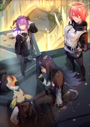 Rule 34 | 5girls, absurdres, ahoge, angel, animal ear fluff, animal ears, arknights, arm support, backpack, bag, black capelet, black gloves, black hair, black jacket, black pantyhose, blue eyes, blue hair, blurry, blurry background, capelet, chromatic aberration, cityscape, closed mouth, commentary, croissant (arknights), demon horns, ear piercing, energy wings, exusiai (arknights), fallen angel, fingerless gloves, food in mouth, fox ears, fox girl, fur-trimmed hood, fur trim, gloves, gyoukan (jfxc), hair between eyes, halo, highres, hood, horns, jacket, light particles, long hair, long sleeves, looking at viewer, mostima (arknights), multicolored clothes, multicolored jacket, multiple girls, open clothes, open jacket, orange hair, pantyhose, pantyhose under shorts, penguin logistics (arknights), piercing, pocky, pocky in mouth, pouch, raglan sleeves, red hair, rooftop, shirt, short hair, shorts, sidelocks, sitting, sleeping, sora (arknights), standing, symbol-only commentary, tail, texas (arknights), thigh strap, twintails, two-tone jacket, visor cap, white jacket, white shirt, wolf ears, wolf girl, wolf tail, yellow eyes