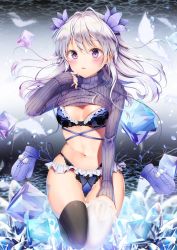 Rule 34 | 1girl, absurdres, ahoge, asymmetrical legwear, black thighhighs, blue bra, blue panties, blush, bra, breasts, cameltoe, cleavage, clothes lift, crystal, floating hair, frills, glint, hair ornament, hand up, highres, lace, lace-trimmed legwear, lace trim, leg up, lingerie, long hair, long sleeves, looking at viewer, medium breasts, mismatched legwear, mittens, navel, no pants, original, panties, parted lips, purple eyes, ribbed sweater, side-tie panties, silver hair, skindentation, solo, stomach, sweater, sweater lift, thighhighs, thighs, turtleneck, turtleneck sweater, underwear, white thighhighs, yoshida iyo