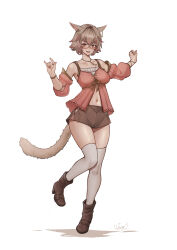 Rule 34 | 1girl, animal ears, breasts, brown eyes, brown hair, cat ears, cat girl, cat tail, detached sleeves, earrings, final fantasy, final fantasy xiv, glasses, highres, jewelry, medium breasts, miqo&#039;te, navel, open mouth, semi-rimless eyewear, shorts, signature, solo, tail, thighhighs, udongo99, under-rim eyewear, white background, white thighhighs