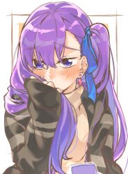 Rule 34 | 1girl, black jacket, blue eyes, blue ribbon, blush, breasts, earrings, fate/grand order, fate (series), hair ribbon, highres, jacket, jewelry, long hair, long sleeves, looking at viewer, meltryllis (fate), mitsurugi sugar, one side up, purple hair, ribbon, small breasts, solo, striped clothes, striped jacket, very long hair