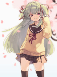 Rule 34 | 1girl, :d, black sailor collar, black skirt, black thighhighs, blurry, blurry background, brown ribbon, brown sweater, commentary request, depth of field, green hair, hair ribbon, hand up, long hair, long sleeves, looking at viewer, murasame (senren), natsuki teru, neck ribbon, open mouth, petals, plaid, plaid skirt, pleated skirt, purple eyes, red ribbon, ribbon, sailor collar, school uniform, senren banka, serafuku, skirt, sleeves past wrists, smile, solo, sweater, thighhighs, two side up, very long hair