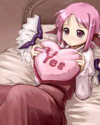 Rule 34 | 1girl, animal ears, bed, blush, eye reflection, female focus, frilled pillow, frills, heart, heart-shaped pillow, highres, lying, mystia lorelei, no headwear, no headwear, hugging object, on back, pillow, pillow hug, pink hair, purple eyes, reflection, short hair, solo, touhou, valentine, wings, yes, yes-no pillow, you naka