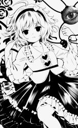 Rule 34 | 1girl, ahoge, bags under eyes, blouse, buttons, commentary, cowboy shot, frilled shirt collar, frilled skirt, frilled sleeves, frills, frown, greyscale, hair ornament, hairband, hands up, hanokami, heart, heart button, heart hair ornament, high contrast, highres, komeiji satori, long sleeves, looking at viewer, monochrome, ribbon trim, shirt, short hair, skirt, solo, third eye, touhou, wavy mouth, wide sleeves