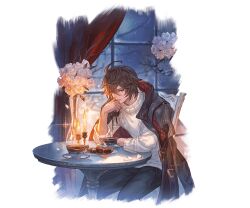 Rule 34 | 1boy, ahoge, bishounen, black pants, brown hair, candle, candlelight, candlestand, chocolate, coffee, coffee cup, cowboy shot, cup, curtains, disposable cup, falling petals, flower, granblue fantasy, hair between eyes, hand to own mouth, head on hand, jacket, jacket on shoulders, light particles, light smile, looking at viewer, minaba hideo, official art, on chair, open clothes, open jacket, pants, petals, red eyes, rose, rose petals, sandalphon (granblue fantasy), sitting, snowing, solo focus, sweater, turtleneck, turtleneck sweater, valentine, vase, white flower, white petals, white rose, white sweater