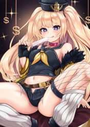 Rule 34 | 1girl, :q, absurdres, ass, azur lane, bache (azur lane), bare shoulders, belt, black gloves, black hat, black sailor collar, black shirt, black shorts, blonde hair, breasts, closed mouth, collar, crop top, denim, denim shorts, dollar sign, fingerless gloves, fishnet legwear, fishnets, food, fur trim, gloves, hand up, hat, highres, holding, holding food, jacket, long hair, looking at viewer, loose socks, micro shorts, midriff, navel, neckerchief, off shoulder, open fly, popsicle, purple eyes, ryara, sailor collar, sailor hat, shirt, shorts, sitting, sleeveless, sleeveless shirt, small breasts, smile, socks, solo, sparkle, tongue, tongue out, two side up, yellow jacket
