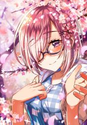 Rule 34 | 1girl, bad id, bad pixiv id, black-framed eyewear, casual, cherry blossoms, fate/grand order, fate (series), glasses, hair over one eye, looking at viewer, mash kyrielight, mash kyrielight (senpai killer outfit), moze, official alternate costume, petals, purple eyes, purple hair, short hair, tree