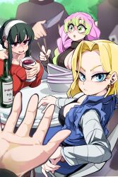 Rule 34 | 3boys, 3girls, absurdres, android 18, bare shoulders, black hair, blonde hair, blue eyes, blurry, bongfill, bottle, bowl, bowl stack, breasts, chair, chopsticks, cleavage, commentary, crossover, cup, denim, denim jacket, depth of field, dragon ball, dragonball z, drinking glass, drunk, earrings, english commentary, frown, gold earrings, gradient hair, green hair, gun, hairband, highres, holding, holding chopsticks, holding cup, holding gun, holding knife, holding weapon, jacket, jewelry, kanroji mitsuri, kimetsu no yaiba, knife, large breasts, long hair, looking at viewer, medium hair, mole, mole under eye, multicolored hair, multiple boys, multiple girls, off-shoulder sweater, off shoulder, open mouth, outdoors, partially unbuttoned, pink hair, pov, pov hands, red sweater, ribbed sweater, short hair with long locks, sitting, skirt, spy x family, striped sleeves, sweater, table, weapon, wine bottle, wine glass, yor briar
