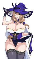 Rule 34 | 1girl, breasts, brown hair, cleavage, curvy, genshin impact, gloves, green eyes, hat, hella p, highres, huge breasts, jewelry, lisa (genshin impact), long hair, necklace, smile, solo, thick thighs, thighhighs, thighs, white background, wide hips, witch hat