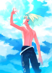 Rule 34 | 1boy, androgynous, black pants, cloud, day, earrings, green hair, hand up, jewelry, lio fotia, looking up, male focus, outdoors, pants, promare, short hair, single earring, sky, solo, topless male, twitter username, yon prmr