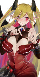 1girl absurdres bare_shoulders black_leotard black_wings blurry blurry_background breasts cleavage cleavage_cutout clothing_cutout country_2080 cowboy_shot demon_girl demon_horns demon_wings dress duel_monster ear_piercing earrings facial_mark heart heart_earrings heart_hands highres horns jewelry lacrima_the_crimson_tears large_breasts leotard long_hair makeup piercing pointy_ears red_dress red_eyes runny_makeup solo very_long_hair wings yu-gi-oh!