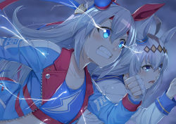Rule 34 | 2girls, ahoge, animal ears, blue eyes, blue jacket, blue shirt, clenched hand, clenched teeth, collarbone, commentary request, crop top, electricity, fingerless gloves, gloves, glowing, glowing eyes, grey hair, hair between eyes, horse ears, jacket, long hair, long sleeves, looking away, miri (ago550421), multiple girls, oguri cap (umamusume), open clothes, open jacket, open mouth, running, shirt, tamamo cross (umamusume), teeth, umamusume, very long hair, white gloves, white jacket