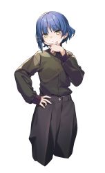 Rule 34 | 1girl, absurdres, black pants, black shirt, blue hair, bocchi the rock!, collared shirt, cowboy shot, cropped legs, hair ornament, hairclip, highres, long sleeves, looking at viewer, mole, mole under eye, pants, puffy long sleeves, puffy sleeves, shirt, shirt tucked in, short hair, simple background, solo, thinking, white background, yamada ryo, yitiao er-hua