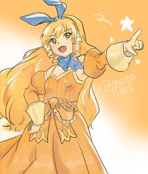 Rule 34 | 1girl, blonde hair, blue neckwear, bow, breasts, brown eyes, calamity jane, commentary request, detached sleeves, dress, drill hair, hair ribbon, hairband, hazime-karbo, highres, long hair, one-hour drawing challenge, open mouth, orange dress, orange sleeves, ribbon, sidelocks, small breasts, smile, solo, wild arms, wild arms 1