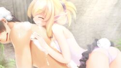 Rule 34 | 1boy, 1girl, ^ ^, ass, atelier-moo, bare shoulders, bathroom, blonde hair, blush, bubble, closed eyes, closed mouth, elf, flat chest, hair between eyes, hair ornament, hairclip, highres, hug, hug from behind, long pointy ears, low-tied sidelocks, miniskirt, narrow waist, open mouth, our battle has just begun!, pointy ears, ponytail, profile, shared bathing, skinny, skirt, smile, swimsuit, synsya, thighs
