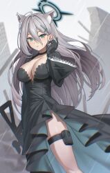Rule 34 | 1girl, absurdres, black choker, black dress, black gloves, black halo, blue archive, blush, breasts, choker, cleavage, cross hair ornament, crying, crying with eyes open, dark halo, dress, feet out of frame, frilled dress, frills, gloves, green eyes, grey hair, hair ornament, halo, highres, large breasts, long hair, long sleeves, looking at viewer, neil (neil nim), shiroko (blue archive), shiroko terror (blue archive), solo, tears, thigh strap, wide sleeves