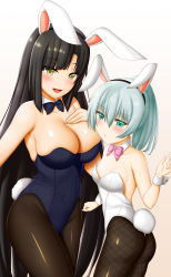 Rule 34 | 2girls, absurdres, abukobato, animal ears, ass, black hair, black legwear, blue bow, blue bowtie, blue leotard, blunt bangs, bow, bowtie, breasts, cleavage, detached collar, fake animal ears, fishnet pantyhose, fishnets, green eyes, height difference, highres, large breasts, leotard, long hair, looking at viewer, multiple girls, original, pantyhose, pink bow, pink bowtie, playboy bunny, rabbit ears, rabbit tail, silver hair, simple background, small breasts, strapless, strapless leotard, tail, very long hair, white background, white leotard, wrist cuffs, yellow eyes