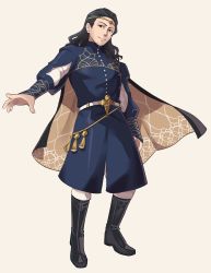 Rule 34 | 1boy, black footwear, black hair, boots, cape, circlet, coat, cosplay, fire emblem, fire emblem: three houses, highres, long hair, long sleeves, lucas (rune factory), male focus, mark whitten, nintendo, pants, seteth (fire emblem), seteth (fire emblem) (cosplay), simple background, solo, standing, tan background, voice actor connection, white pants