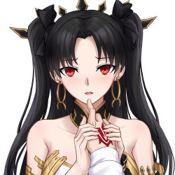 Rule 34 | 1boy, 1girl, black bow, black hair, blush, bow, breasts, chinese commentary, commentary request, earrings, fate/grand order, fate (series), fujimaru ritsuka (male), hair bow, highres, holding hands, hoop earrings, ishtar (fate), jewelry, large breasts, long hair, looking at viewer, parted bangs, pov, red eyes, simple background, solo focus, two side up, upper body, white background, yeklsa