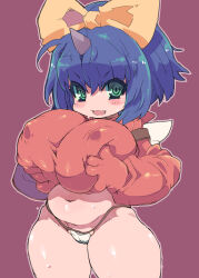 Rule 34 | 1girl, :d, alternate breast size, blue eyes, blue hair, blush, bow, breasts, breasts squeezed together, cameltoe, covered erect nipples, cowboy shot, eiko carol, fang, final fantasy, final fantasy ix, hair bow, highres, horns, huge breasts, looking at viewer, medium hair, navel, open mouth, outline, panties, red background, simple background, single horn, sketch, smile, solo, standing, underwear, white panties, yellow bow, zankuro