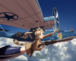 Rule 34 | 1girl, 4boys, absurdres, aircraft, airplane, animal ears, black hair, black neckwear, black ribbon, blonde hair, blue eyes, blue sky, breasts, browning m1919, cat ears, cat tail, cloud, consolidated pby catalina, death by lolis, fang, freckles, garrison cap, gun, handgun, hat, headset, highres, holster, huge filesize, katharine ohare, landing gear, machine gun, medium breasts, multiple boys, necktie, raccoon girl, revolver, ribbon, short hair, skin fang, sky, smile, strike witches, tail, tire, v, vehicle focus, waving, weapon, wheel, world witches series