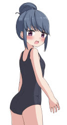 Rule 34 | 1girl, ass, bare arms, bare shoulders, black one-piece swimsuit, blue hair, blush, breasts, commentary request, from behind, hair bun, highres, looking at viewer, looking back, one-piece swimsuit, open mouth, purple eyes, school swimsuit, shima rin, sidelocks, simple background, single hair bun, small breasts, solo, standing, swimsuit, takasuma hiro, white background, yurucamp