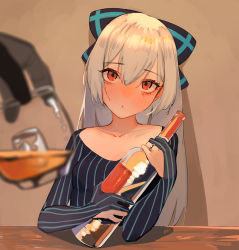 Rule 34 | 1girl, :o, alcohol, beijuu, blush, bottle, bow, collarbone, cup, drunk, girls&#039; frontline, gloves, hair between eyes, hair bow, head tilt, holding, holding bottle, holding cup, ice, ice cube, jewelry, long hair, long sleeves, looking at viewer, out of frame, partially fingerless gloves, pov, pov hands, red eyes, ring, shirt, sidelocks, solo focus, striped, table, tearing up, tears, tokarev (girls&#039; frontline), upper body, vertical stripes, wedding band, white hair