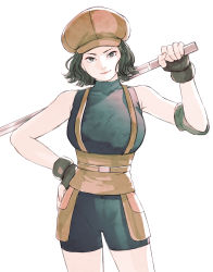 Rule 34 | 1girl, black eyes, black gloves, black hair, breasts, brown headwear, cowboy shot, fingerless gloves, gloves, hand on own hip, highres, holding, holding sword, holding weapon, looking at viewer, medium hair, micho, sansan (the legend of luoxiaohei), shadow, simple background, sleeveless, smile, solo, sword, luo xiaohei zhanji, weapon, white background