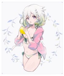 Rule 34 | 1girl, bikini, blush, bow, braid, breasts, captain yue, cleavage, collarbone, cropped legs, food, fruit, gradient hair, green bow, green hair, grey background, hair bow, holding, holding food, hood, hood down, hooded jacket, jacket, lemon, long sleeves, looking at viewer, medium breasts, multicolored hair, navel, open clothes, open jacket, parted lips, pink jacket, puffy long sleeves, puffy sleeves, purple eyes, side-tie bikini bottom, side braid, silver hair, single braid, solo, striped, striped bow, swimsuit, twitter username, virtual youtuber, white bikini, yuni (yuni channel), yuni channel
