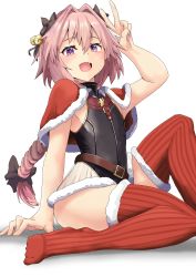 Rule 34 | 1boy, absurdres, astolfo (fate), bare arms, bell, fang, fate/apocrypha, fate/grand order, fate (series), hair bell, hair ornament, hair ribbon, highres, jtleeklm, male focus, navel, pink hair, red thighhighs, ribbon, santa costume, short hair, simple background, sitting, thighhighs, trap, v, white background
