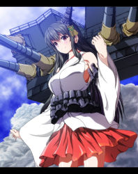 Rule 34 | 10s, 1girl, bare shoulders, black hair, blush, breasts, cannon, cloud, day, detached sleeves, fusou (kancolle), hair ornament, highres, japanese clothes, kantai collection, large breasts, long hair, nontraditional miko, personification, red eyes, rrw (wrwrwr54), skirt, sky, smile, solo, turret, wrwr
