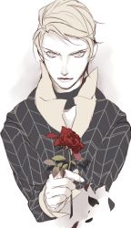 Rule 34 | 1boy, bad id, bad pixiv id, blonde hair, enri2010, flower, formal, jojo no kimyou na bouken, male focus, prosciutto, red flower, red rose, rose, solo, suit