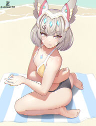 Rule 34 | 1girl, absurdres, anger vein, animal ears, annoyed, ass, bare shoulders, barefoot, bikini, breasts, cat ears, core crystal (xenoblade), crown, crystal, facial mark, green eyes, highres, looking at viewer, lotion, nia (xenoblade), short hair, sitting, small breasts, solo, suntan lotion, swimsuit, tongue, tongue out, wariza, xenoblade chronicles (series), xenoblade chronicles 2, xenoblade chronicles 3, zambonito