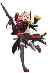 Rule 34 | 1girl, black jacket, black jumpsuit, black thighhighs, breasts, character name, coat, commentary request, fangs, girls&#039; frontline, gloves, gun, hair between eyes, headgear, highres, holding, holding gun, holding weapon, jacket, jumpsuit, long coat, long hair, m4 sopmod ii, m4 sopmod ii (girls&#039; frontline), mechanical arms, medium breasts, multicolored hair, open clothes, open coat, open mouth, pink hair, pouch, red eyes, red hair, sd bigpie, single mechanical arm, smile, solo, streaked hair, thighhighs, torn clothes, torn coat, weapon