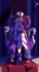 Rule 34 | 1girl, absurdres, artist name, blonde hair, crossed legs, crown, dress, eyepatch, fischl (ein immernachtstraum) (genshin impact), fischl (genshin impact), frilled sleeves, frills, full body, genshin impact, highres, long sleeves, looking at viewer, purple dress, red eyes, sitting, smile, solo, thighhighs, throne, white thighhighs, xena rai
