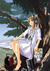 Rule 34 | 1girl, barefoot, cable, dress, ganzyu i, headphones, in tree, sitting, sitting in tree, solo, tree