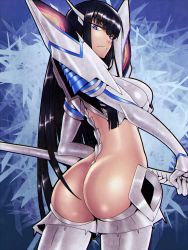 Rule 34 | 1girl, absurdres, armor, arms behind back, artist request, ass, ass focus, back, bareback, black hair, blue eyes, breasts, highres, impossible clothes, kamui (kill la kill), kill la kill, kiryuuin satsuki, long hair, looking back, medium breasts, shiny clothes, shiny skin, shoulder armor, sideboob, skindentation, solo, sword, thighhighs, thong, weapon