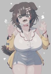 Rule 34 | 1girl, @ @, absurdres, animal collar, animal ears, blue bow, bone hair ornament, bow, bracelet, braid, breasts, brown hair, claw pose, cleavage, collar, collarbone, cowboy shot, curvy, dog ears, dog girl, dog tail, double-parted bangs, dress, drooling, fangs, gabai, grey background, grey eyes, hair between eyes, hair ornament, hairclip, hands up, heart, highres, hololive, hoso-inu, huge breasts, inugami korone, inugami korone (1st costume), jacket, jewelry, listener (inugami korone), long sleeves, looking at viewer, medium hair, off shoulder, open clothes, open jacket, open mouth, paw collar, red bow, red bracelet, red collar, saliva, short dress, simple background, sleeveless, sleeveless dress, solo, steaming body, tail, teeth, thighs, tongue, twin braids, variant set, virtual youtuber, white dress, yellow jacket