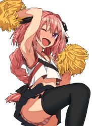Rule 34 | 1boy, ;d, androgynous, armpits, astolfo (fate), bare arms, bare shoulders, black skirt, black thighhighs, blush, braid, bulge, cheerleader, clothes lift, erere, fate/apocrypha, fate (series), garter straps, hair ribbon, highres, holding, long hair, looking at viewer, looking to the side, male focus, miniskirt, one eye closed, open mouth, panties, pantyshot, pink eyes, pink hair, pom pom (cheerleading), ribbon, shirt, single braid, skirt, skirt lift, sleeveless, sleeveless shirt, smile, solo, striped clothes, striped panties, thighhighs, thighs, transparent, transparent background, trap, underwear, white shirt