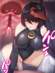 Rule 34 | 1boy, 1girl, :o, black gloves, black hair, black leotard, blush, breasts, censored, clothed sex, clothing aside, covered navel, cowgirl position, cross-section, elbow gloves, genshin impact, girl on top, gloves, heart, heart censor, hetero, highres, kujou sara, large breasts, leotard, leotard aside, mask, mask on head, mosaic censoring, open mouth, penis, rebe11, sex, short hair, solo focus, straddling, thighs, vaginal, yellow eyes
