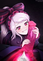 Rule 34 | 1girl, ainz ooal gown, blush, bow, dress, energy, fangs, from above, gothic lolita, hair bow, holding, lolita fashion, long hair, long sleeves, looking at viewer, looking up, neck ribbon, neocoill, overlord (maruyama), penis, red eyes, red ribbon, ribbon, shalltear bloodfallen, silver hair, smile, solo focus, teeth, uncensored, veins, veiny penis, watermark, web address