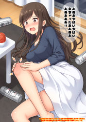 Rule 34 | 1girl, bad id, bad pixiv id, barefoot, beer can, black shirt, blush, bowl, breasts, brown eyes, brown hair, can, commentary request, curtains, drink can, feet out of frame, hands on own knee, indoors, lightning bolt symbol, long hair, long sleeves, lying, medium breasts, nakamura sumikage, nose blush, on side, open mouth, original, pain, shirt, skirt, solo, sweat, swept bangs, table, tears, translation request, very long hair, white skirt, window, wooden floor