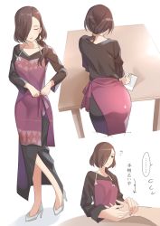 Rule 34 | 1girl, angelica (sakura quest), apron, ass, bent over, black hair, black shirt, black skirt, brown eyes, closed eyes, commentary request, full body, hair over one eye, hair over shoulder, high heels, kitazawa (embers), long hair, long skirt, long sleeves, low ponytail, mole, mole under eye, multiple views, official style, ponytail, purple apron, sakura quest, shirt, simple background, skirt, solo focus, table, white background, wiping, wiping table