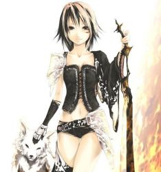 Rule 34 | 1girl, armor, artist request, belt, brown hair, corset, gloves, midriff, navel, pet, scar, solo, sword, weapon, wolf