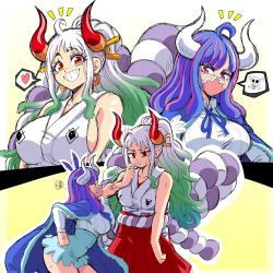 Rule 34 | 2girls, afterimage, ahoge, ahoge wag, alternate hairstyle, anger vein, angry, aqua hair, arm at side, blue hair, breasts, cape, covered mouth, curled horns, expressive hair, flying sweatdrops, green hair, grin, hair ornament, hair stick, hand on own hip, hand up, heart, height difference, high-waist skirt, highres, horns, japanese clothes, kimono, leaning forward, lewdamone, looking at another, looking at viewer, mask, micro shorts, motion lines, mouth mask, multicolored hair, multicolored horns, multiple girls, neck ribbon, one piece, oni, orange horns, pink eyes, pink hair, pink mask, pointing, pointing at another, red eyes, red horns, ribbon, rope, shimenawa, shorts, sideboob, skirt, skull, sleeveless, sleeveless kimono, smile, spoken heart, spoken skull, sweat, two-tone hair, ulti (one piece), v-shaped eyebrows, white hair, white horns, yamato (one piece)
