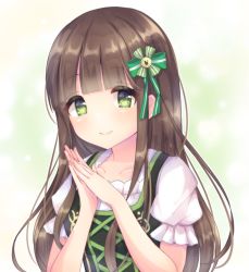 Rule 34 | 1girl, blush, bow, brown hair, caramel (caramelmilk), closed mouth, collarbone, commentary request, gochuumon wa usagi desu ka?, green bow, green eyes, hair bow, hands up, long hair, looking at viewer, own hands together, palms together, puffy short sleeves, puffy sleeves, shirt, short sleeves, smile, solo, striped, striped bow, ujimatsu chiya, upper body, very long hair, white shirt