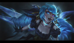 Rule 34 | 1girl, blue eyes, blue hair, close-up, drill hair, gloves, gwen (league of legends), highres, league of legends, lipstick, long hair, looking to the side, makeup, matching hair/eyes, open mouth, ribbon, scissors