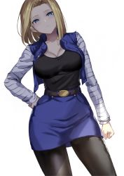 Rule 34 | 1girl, android 18, bad id, bad twitter id, belt, black pantyhose, black shirt, blonde hair, blue eyes, blue skirt, blush, breasts, brown eyelashes, cleavage, collarbone, cutoffs, denim, denim jacket, denim skirt, dragon ball, dragonball z, forehead, highres, jacket, large breasts, long sleeves, looking at viewer, open clothes, open vest, pantyhose, parted bangs, shirt, short hair, simple background, skirt, solo, spider apple, standing, thighs, vest, white background