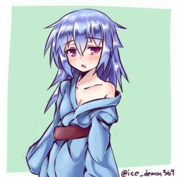 Rule 34 | 1girl, bare shoulders, blue hair, blush, breasts, cleavage, he yufeng, japanese clothes, lance n&#039; masques, long hair, nankyoku hitotori, open mouth, pink eyes, simple background