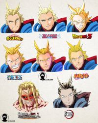 Rule 34 | 1boy, a2t will draw, all might, antenna hair, bleach, blonde hair, blue eyes, boku no hero academia, cape, clenched teeth, closed mouth, commentary, copyright name, dragon ball, dragonball z, english commentary, gotouge koyoharu (style), grin, hair slicked back, highres, isayama hajime (style), kimetsu no yaiba, kishimoto masashi (style), kubo tite (style), looking at viewer, male focus, multiple style parody, multiple views, naruto (series), oda eiichirou (style), one piece, open mouth, parody, red cape, serious, shingeki no kyojin, smile, style parody, super saiyan, teeth, titan (shingeki no kyojin), toriyama akira (style), upper body, v-shaped eyebrows