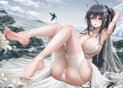 Rule 34 | 1girl, absurdres, ahoge, armlet, armpits, ass, azur lane, backless dress, backless outfit, bird, black hair, breasts, cleavage, cloud, cloudy sky, dress, earrings, evening gown, feet, flower, full body, garter straps, hair strand, highres, hummingbird, jewelry, large breasts, legs up, long hair, necklace, no shoes, official alternate costume, panties, red eyes, revision, satin dress, see-through, see-through dress, sky, sleeveless, sleeveless dress, soles, taihou (azur lane), taihou (temptation on the sea breeze) (azur lane), thighhighs, underwear, wedding dress, white dress, white flower, white garter straps, white panties, white thighhighs, yf (hbyg)